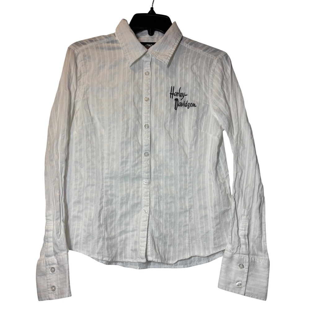 Harley-Davidson Kids White Textured Stripe Long Sleeve Button Down Shirt Size M